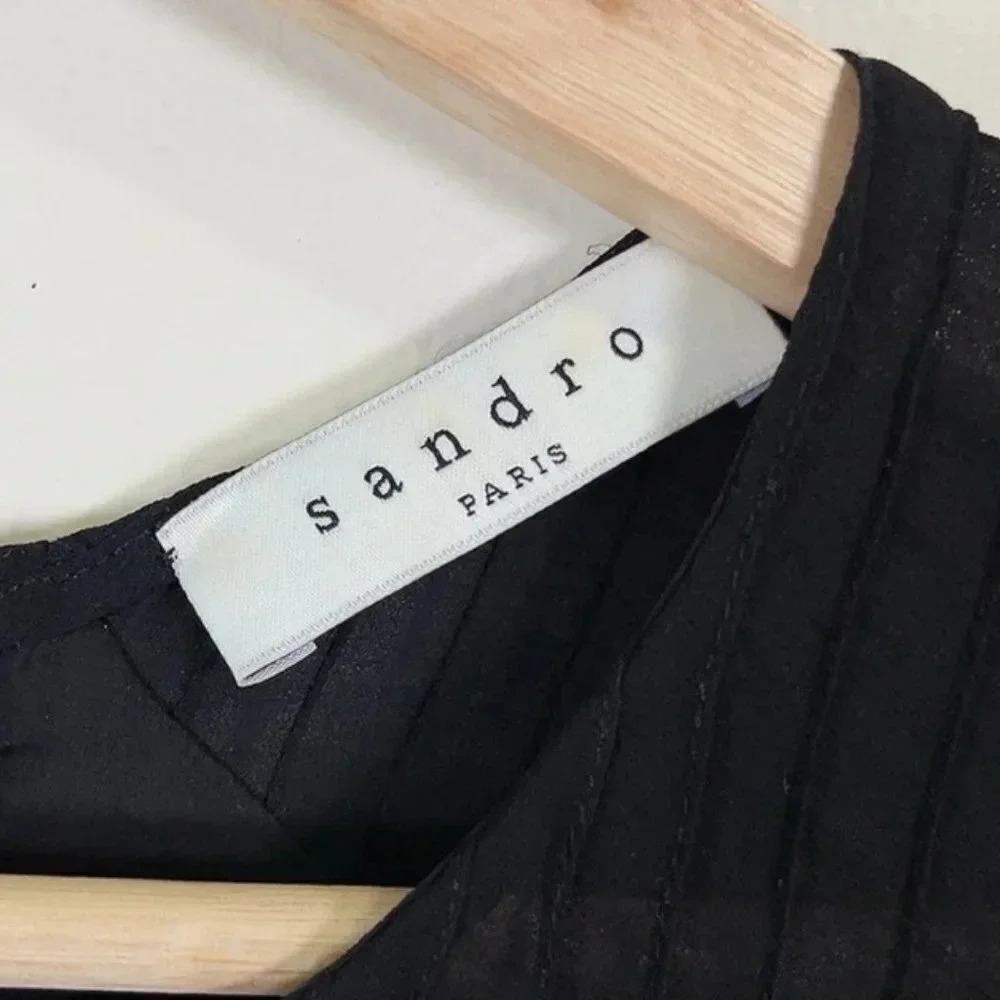 Sandro Paris Fit And Flare Gold Tone Waist Chiffon Black  Dress - Picture 11 of 16